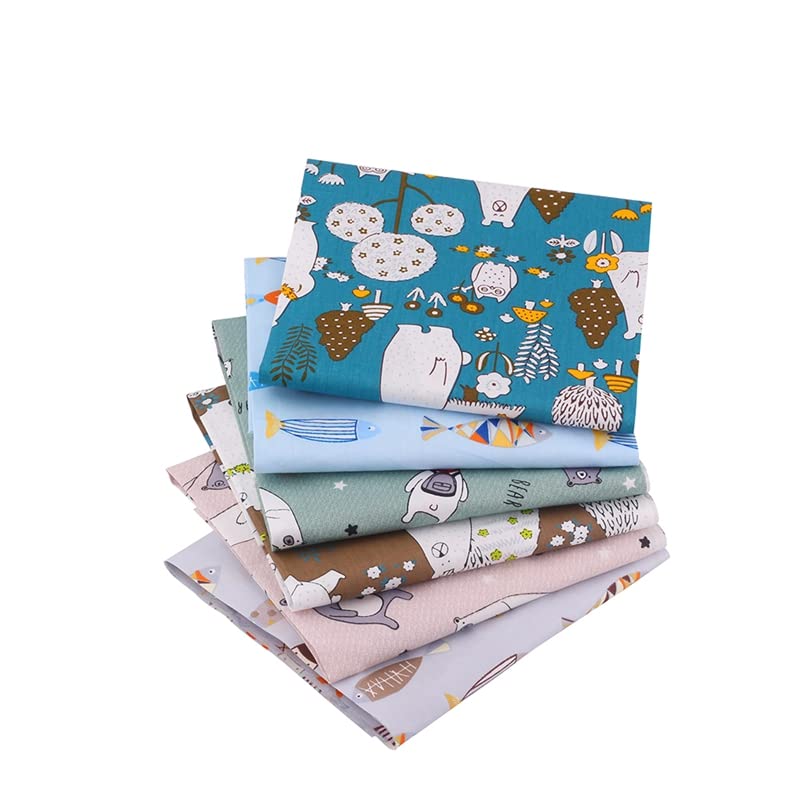 AMORNPHAN Bear and Fish Animals Cartoon Printed 100% Cotton Quilting Bundles Fabric for Patchwork Needlework DIY Sewing Crafting Precut Face Mask 16x20 Inches (40x50cm.) Set of 6 Pieces (Bear&Fish) - color: Bear&fish