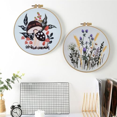 Esffaci Embroidery Starter Kit for Adult Beginner with Mushroom Plant Flower Pattern Hand Embroidery Set with Cloth Hoop Needle Threader Floss and Instruction - color: Mushroom