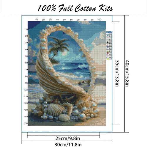 Seashell and Summer Beach Stamped Cross Stitch Kits, Embroidery Starter Kit for Adult Beginners, 11CT Cross-Stitch Patterns Dimensions Kit Arts，Needlepoint Kit Crafts for Home Decor 15.7x11.8 inch - color: T011