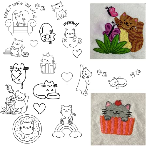 Cat Embroidery Patterns Kit - 24 Pc Fun Modern Peekaboo Porch Embroidery Design Transfers on Sulky Stick n Stitch Self Adhesive Wash Away Stabilizer for Beginners and Adults Hand Embroidery Sewing - color: Cats 1