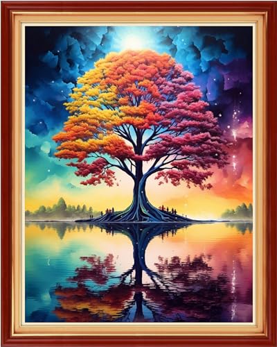 Dimensean Stamped Cross Stitch Kits Full Range of Embroidery Patterns Starter Kits for Beginners Adult DIY Cross Stitches Needlepoint Kits 11CT-Colorful Trees by the Lake 16x20 inch - color: Craftpattern57