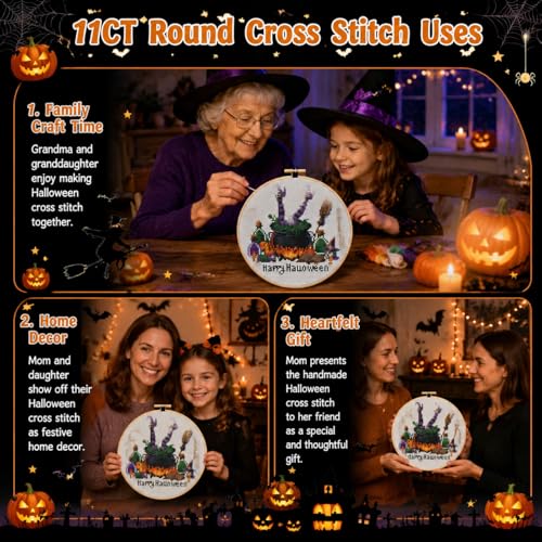 Halloween Stamped Cross Stitch Kits for Adults Beginners with Hoop Frame - color: Halloween Cross Stitch with Framed