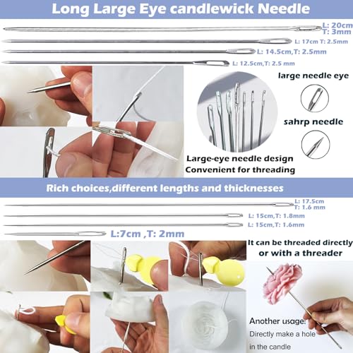 28 PCS Beginners Candle Making Kit for Adults with 200 ft Candlewick,Long Large-Eye Candle Piercing Needle and Wick Cutter 7INCH,Wick Inserting Tool Mold Punch Needle with Hook Eye for Moulds - color: 28PCS