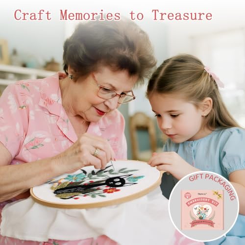 Meyocky Embroidery Kit for Beginners with Cat Flower Patterns& Stitch Video - color: Cat
