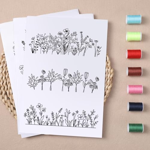 Flower Water Soluble Embroidery Patterns, 4 Sheets Stick and Stitch Embroidery Paper, Long Rattan Floral Tear Away Patterns Transfer Paper Customized Gifts for Hand Sewing Lovers Beginners - size: Flower Border