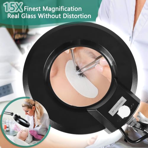 15X Super Bright 2,200 Lumens Magnifying Glass with Light and Stand, Floor Lamp with 5 Wheels Rolling Base for Lash Estheticians, Stepless Dimmable, LED Lighted Magnifier for Sewing Crafts - Black - color: Black