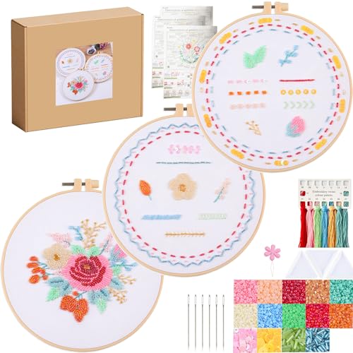 Huacan Bead Embroidery Kit for Beginners 3 Sets, Bead Embroidery Kit with Step by Step Stitch Video & Instructions, Three-Dimensional Starter Embroidery Set with 19 Stitches for Gift