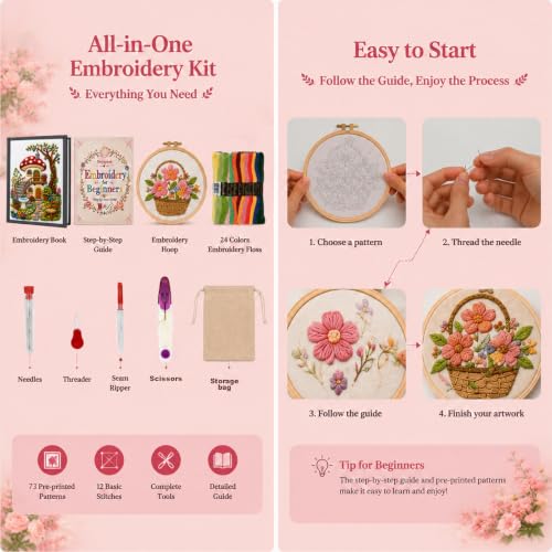 Msvphink Embroidery Stitch Book for Beginners, 73 Larger Patterns for Adults Seniors, Removable Pages, 24-Color Thread DIY Kit with Instructions