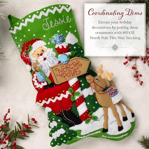 Bucilla, Felt Applique 6 Piece Ornament Making Kit, North Pole This Way, Perfect for DIY Arts and Crafts - style: Ornaments