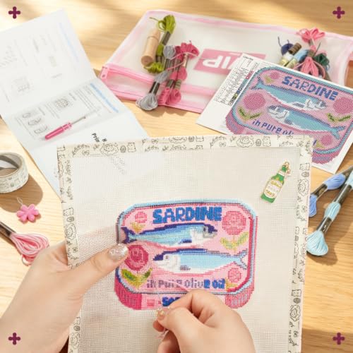 Kaitiaki 18 mesh Needlepoint Canvas Kit, 8 in Painted Canvas Set with Embroidery Floss, Needles, Guide Card, Instruction, Threader, Scissors & Project Bag for Crafter Gift(Sardine) - color: Sardine, size: 18 mesh