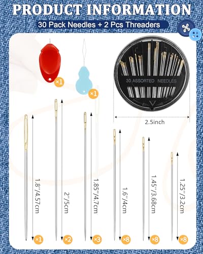 FIVEIZERO 30-Count Steel Needles for Hand Sewing, 6 Sizes Large Eye Embroidery and Hand Quilting Needles Kit with Threaders for Art & Craft Projects - color: Black