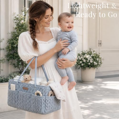 Konssy Baby Diaper Caddy Organizer, Braided Quilted Design with PU Handles - color: Baby Denim