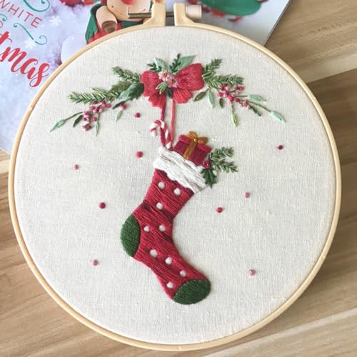 IUHUI Embroidery Kit for Beginners Adults - Merry Christmas Easy Patterns, DIY Hand Stitching Embroidery Set with Hoop (Christmas Stocking) - color: Christmas Stocking