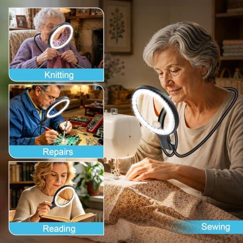 Neck Magnifying Glass with Light for Close Work,Handheld Neck-Wear Magnifier Neck Light for Reading Books, 5X/10X Magnifiers for Seniors Repairing Reading Sewing