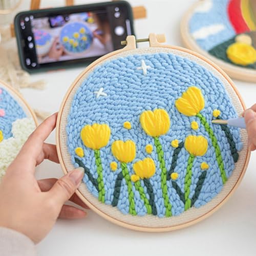 Allazone 3 Set Punch Needle Embroidery Starter Kits, DIY Craft Punch Needle Kits with Flower Pattern, Plastic Hoop, Yarn, Embroidery Handle Needle Pen and Instruction - color: Yellow flowers