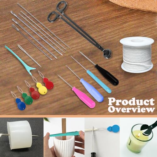 TYMKLMZG Candlewick Needle Kit with Candle Wick Trimmer 7",Mold Hook Punch Needle with Hook & Eye for Inserting Wick,Big Hole Long Needle,Candle Wick Roll 200 Ft 24 Wick Spool,Threader,Wick Holders - color: 19PCS