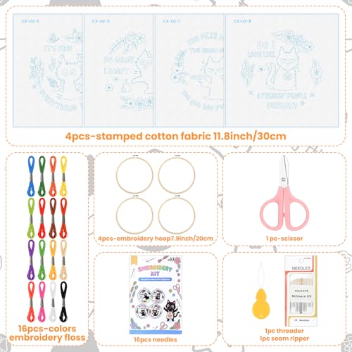 Rivvlive 4 Sets Cat Embroidery Kit with Hoop, Needlepoint Crafts Set - style: Cat