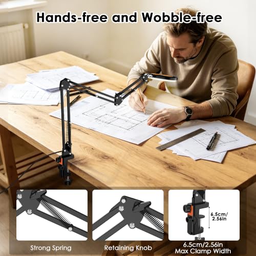 12X Magnifying Glass with Light and Stand Hands Free, Long Swing Arm Lighted Magnifier Lamp for Close Work, Dimmable Desk Magnifying Light with Clamp for Soldering Craft Jewelry Bench Sewing