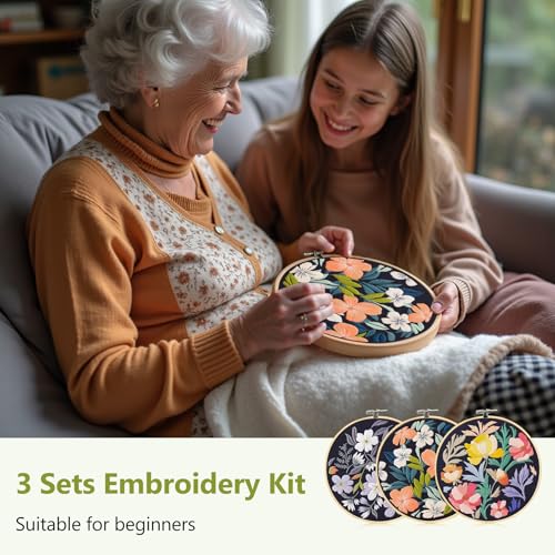 Santune 3 Pack Embroidery Kit for Beginners, Needlepoint Cross Stitch Kits for Adults,Needle Point Sets with Stamped Petal Pattern Stitch Video Tutorial - color: Petal Patterns