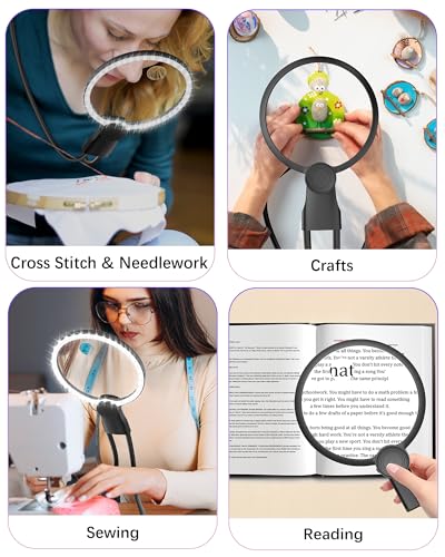 Hands Free Magnifying Glass with Light, 5X 15X Lighted Neck Magnifier for Craft Cross Stitch Needlepoint Needlework Sewing Embroidery Reading, Magnifying Glasses for Close Work, Low Vision Seniors