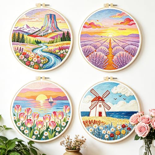 BEUNITONE 4 Set Embroidery Kits for Beginners, Pink Scenery Design with Pre-Stamped Pattern Craft Kits Include Instruction and Hoops, 7.9"x7.9" Needlepoint Kits for Festival Gifts and Home Decor - style: C-Dreamy Scenery