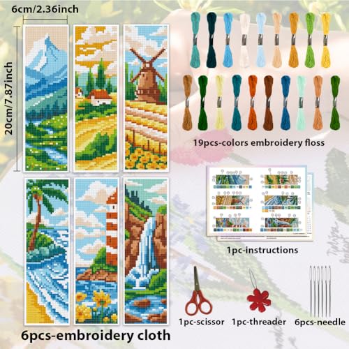 ACRNIGHEET 6pcs Cross Stitch Bookmark Kits, Landscape DIY Cross Stitch Bookmarks, Embroidery Bookmark Cross Stitch Kits with Scenery Pattern, Stamped Cross Stitch Kit Bookmark for Beginners Adults - style: Mountain and river patterns