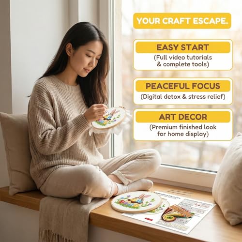 WaFtesh Embroidery Kits for Beginners Adult, DIY Hand Embroidery Cross Stitch Starter Set with Pattern, 3D Rabbit Needlepoint & Cross Stitch 7.9 Inch Hoop Threads, Needles, Instruction - color: Bunny-1
