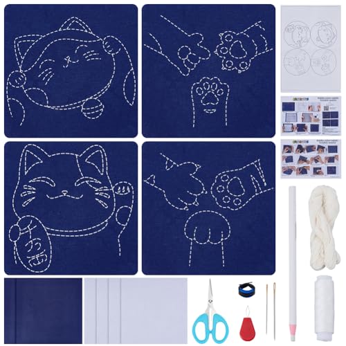 FREEBLOSS 4 Set Lucky Cat Sashiko Coasters Kit with Instructions Sashiko Kit for Beginners Water Soluble Embroidery Patterns Sashiko Practice Project Embroidery Coasters Kit for Housewarming Gift