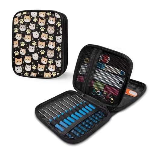 Kathyboom Cat Paw Prints Crochet Hooks Case Zipper Bags Portable Travel Storage Bag Organizer with Web Pocket and Crochet Holder Slots for Carrying Various Needles - color: Cat Paw Prints