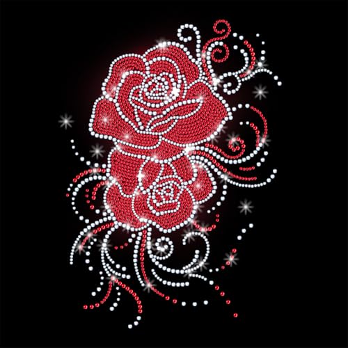 1 Pc Red Rose Pattern Rhinestone Iron on Hotfix Transfer Decal, Bling DIY Patch Clothing Repair Applique T-Shirt Vest Shoes Hat Jacket Decor Clothing DIY Accessories - style: Curled Flowers
