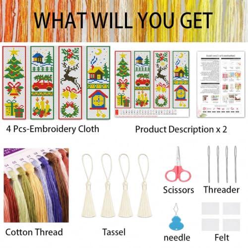VIGEGU 4 Pack Christmas Cross Stitch Bookmark Kits for Adult Beginners - color: Christmas Cross Stitch bookmarks
