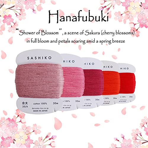 DARUMA Sashiko Thread 100% Cotton Card Type (32.8 yd) x 5 Colors with English Manual, Sewing & Embroidery Value Set with Gift Package(Thick, Hanafubuki) - color: Hanafubuki, size: Thick