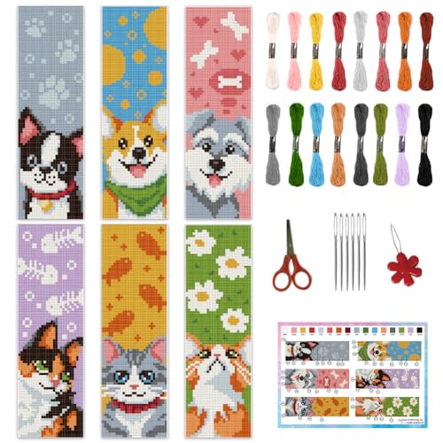 INFUNLY 6PCS Dogs Cats Cross Stitch Bookmark Kit for Beginners 8.66"×3.15" Animals Stamped Embroidery Bookmark Kit Pet Needlepoint Bookmark Kit with Instruction for Book Lovers Reader Writers - style: Dogs Cats