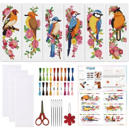ORIGACH 6 Set Wild Bird Blossom Cross Stitch Bookmark Kit for Beginner - style: Bird & Flowers