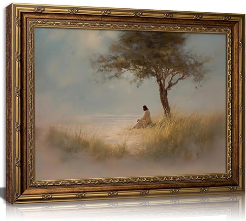 DNEJZKI Vintage Gold Framed Wall Art Jesus Christian Canvas Print Wall Decor Moment of Christ Sitting Under Tree by Sea Painting Picture Decor Religious Home Decor for Living Room Bedroom - color: Canvas, size: 24"L x 16"W