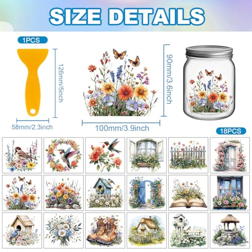 GLOBLELAND 18 Sheets 3.9x3.6inch Retro Flowers Birds Rub on Transfer Colorful Garden Vase Home Decals Plant Flowers Cup Transfer Stickers for Furniture Vase Glass Art Crafts Decorations - style: Wildflowers Birds