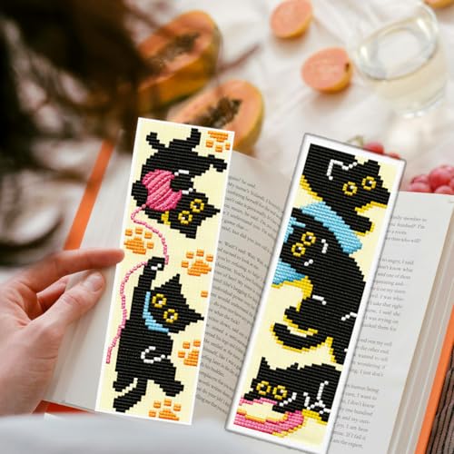 ACRNIGHEET 6PCS Cross Stitch Bookmark Kit for Beginner Stamped Cross Stitch Kits for Adults Naughty Black Cat DIY Tassel Embroidery Bookmark Kits Needlepoint Kit with Instructions Gift 8.5''x3'' 11CT - style: Cat Patterns