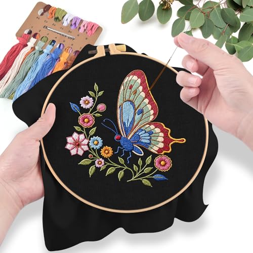 ERKOON Embroidery Kit for Beginners Adult, Cross Stitch Set Include Embroidery Cloth Hoop Threads for Craft Lover Hand Stitch with Embroidery Skill Techniques (Butterfly) - color: Butterfly