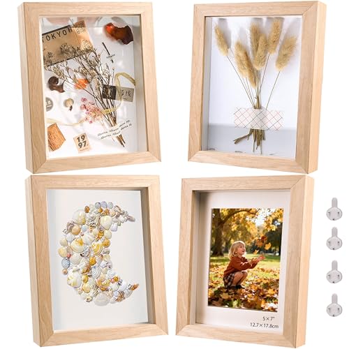 5x7 Shadow Box Frame Small Shadow Box Display Case 4 Pack Natural Wood Picture Frame Glass Surface Internal Depth 0.6 inch for Wall Or Tabletop - color: Teak, size: 5x7 inch