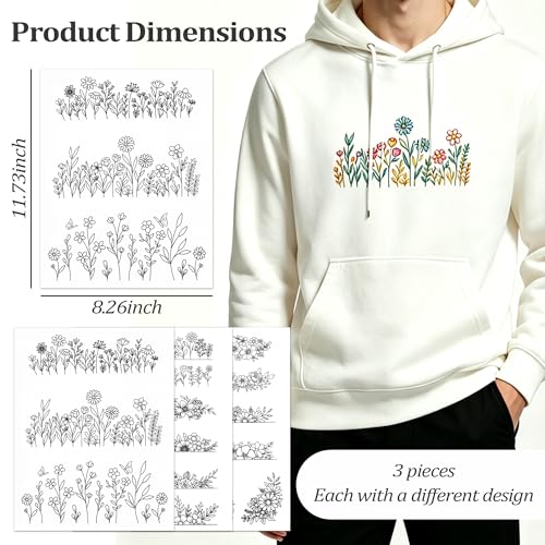 TAHULIK Water Soluble Stabilizer for Embroidery, 3 Sheets Water Soluble Embroidery Patterns, Stick and Stitch Embroidery Patterns, Transfer Paper with Pre-Printed Flower Leave for Hand Sewing