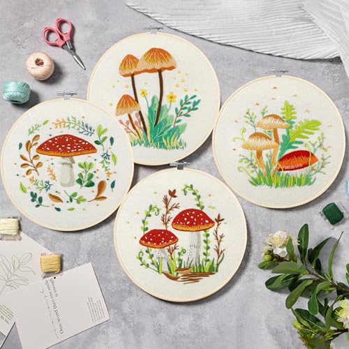 Bonroy 4 Sets Embroidery Kit for Beginners with Instructions,Cross Stitch Kits for Adults with Pattern,Needlepoint Kits for Adult Include Embroidery Cloth Hoops Needles Threads(Mushroom) - color: mushroom4