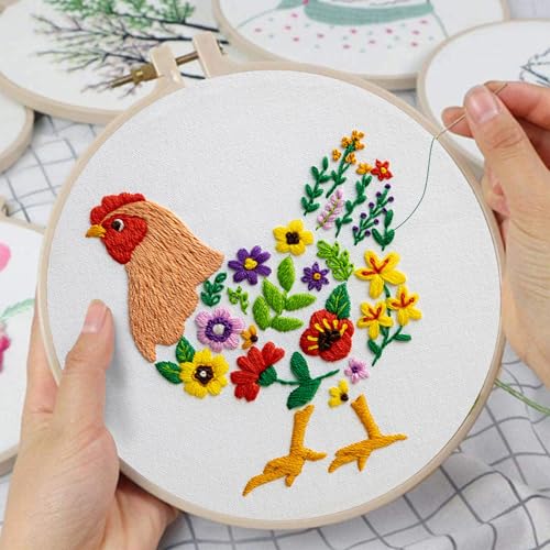 Louise Maelys Embroidery Kit, Canvas Tote Bag with Floral Hen Art Pattern - color: hen flowers