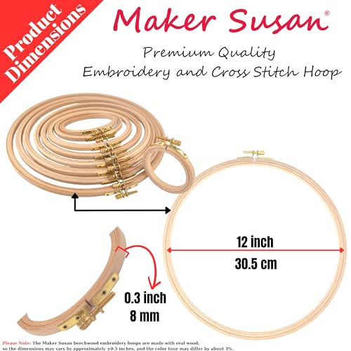 Maker Susan 12" Wood Embroidery Hoop, Round Beechwood Cross Stitch Hoop with Adjustment Brass Screw, Cross Stitch Hoops and Frames, Suitable for Embroidery, Craft Sewing (12 inch) - style: 12 inch