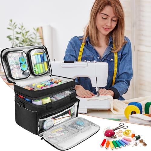 Double Layer Sewing Organizer Bag with Shoulder Strap, Black - color: Black