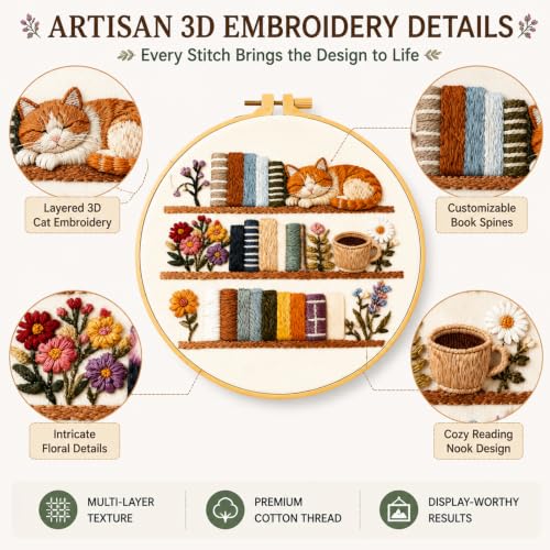 TopHand Reading Tracker 8" Embroidery Kit for Beginners, DIY Bookshelf Stamped Cross Stitch Kit with Blank Spines to Customize, Hand-Stitched Bookish Decor, Floral Threads (Flowers + Books + Cats)