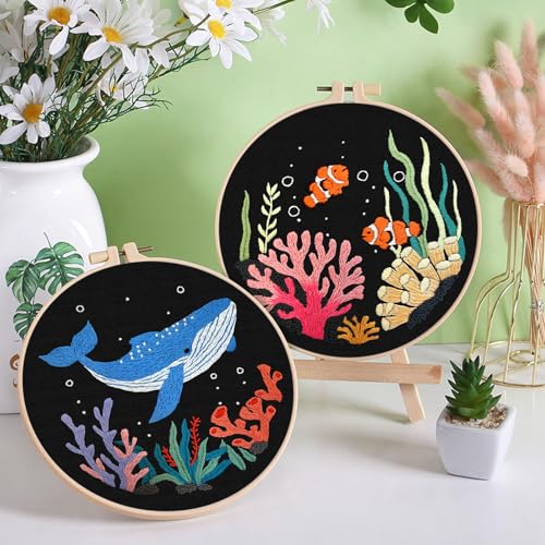 ERKOON 4 Set Embroidery Kit for Beginners, Cross Stitch Set Include Embroidery Cloth Hoops Threads for Craft Lover Hand Stitch with Embroidery Skill Techniques (Marine Animals) - color: Marine Animals
