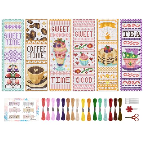 BEUNITONE 6 Pcs Cross Stitch Bookmark Kit for Beginner Coffee and Sweet Time Theme Hand Embroidery Kit with Instruction Tea Stamped Embroidery Bookmarks Handmade for DIY Crafts Book Lovers 8.5''x3'' - style: Afternoon Tea