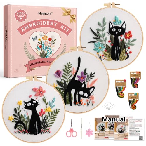 Meyocky Embroidery Kit for Beginners with Cat Flower Patterns& Stitch Video - color: Cat