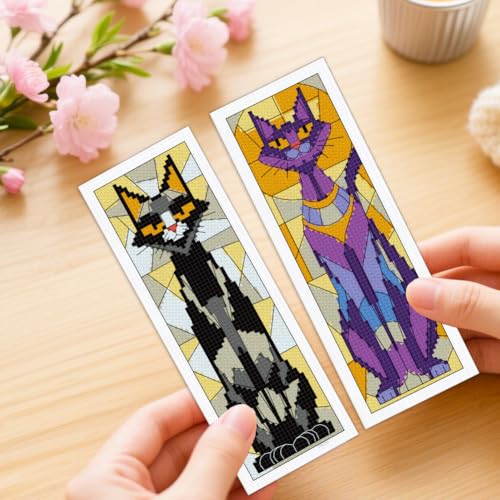 ORIGACH 6 Set Stained Glass Black Cat Cross Stitch Bookmark Kit - style: Stained Glass Cat
