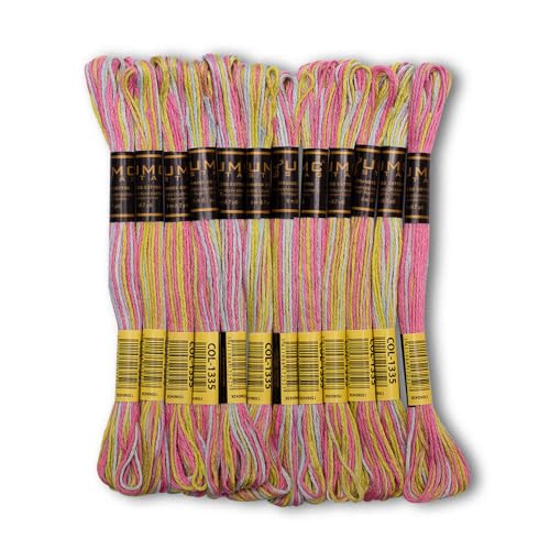 Pack of 12 Premium Embroidery Thread | 100% Egyptian Cotton Premium Skeins | Cross Stitch Embroidery Floss | Oeko TEX Certified | Ideal for Arts & Crafts (Pastel Rainbow Variegated 1335) - color: Pastel Rainbow Variegated 1335